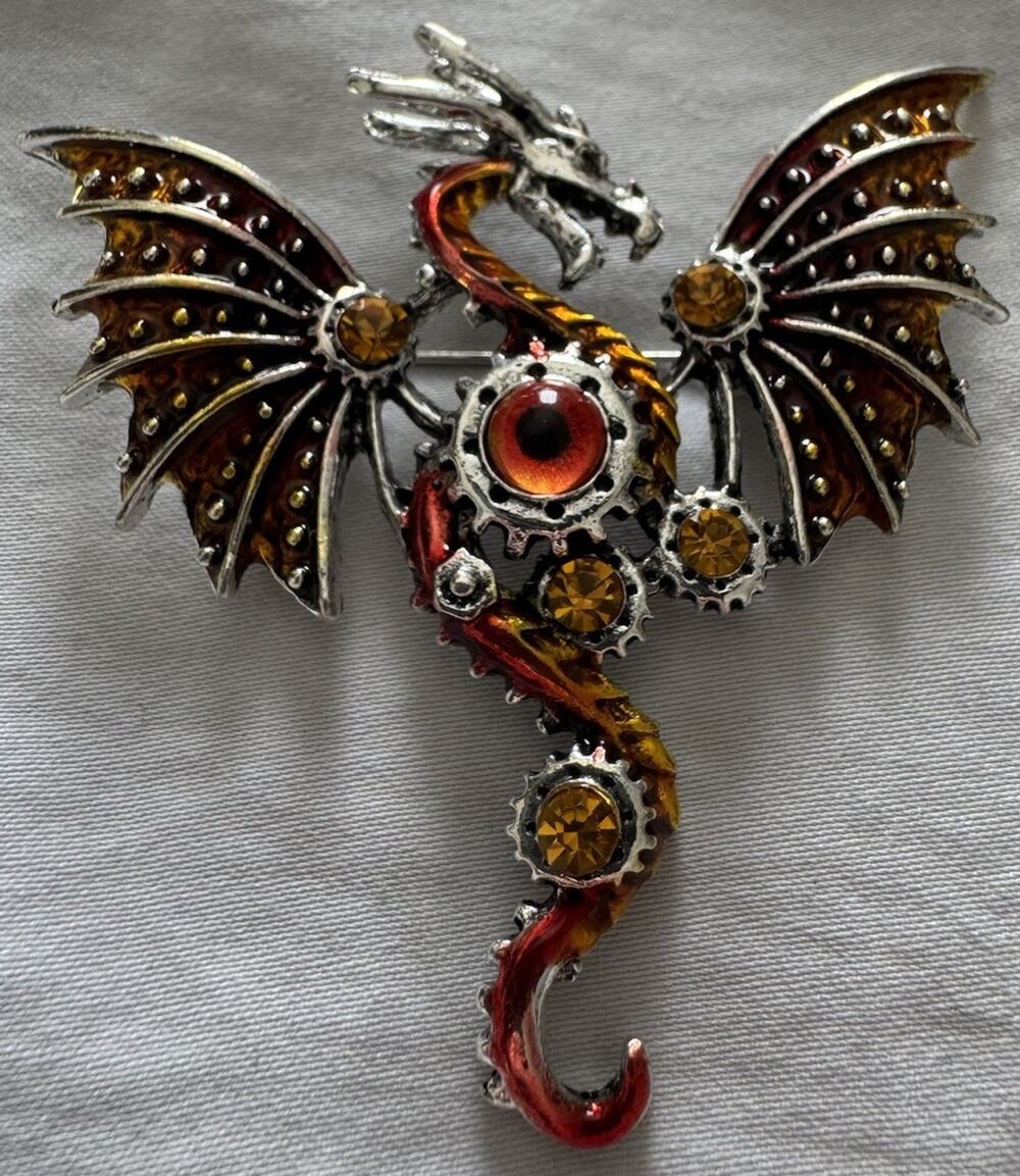 Dragon Brooch Pin Red Enamel Amber Rhinestone Fantasy Gothic Silver Tone 2.5”